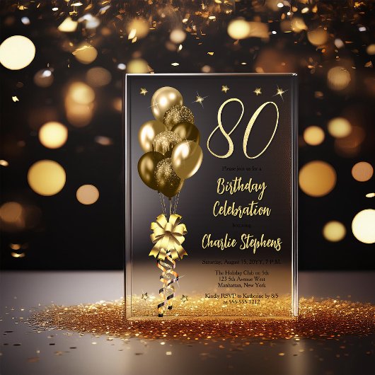 Elegant Gold Balloons auf Black 80 th Birthday Par Acryleinladungen