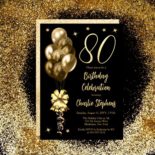 Elegant Gold Balloons auf Black 80 th Birthday Par Einladung