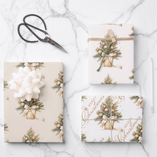Elegant Gold Beige Weihnachtsbaumkalligrafie Geschenkpapier Set (Vorderseite)