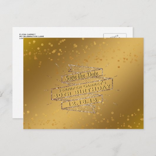 Elegant Gold Birthday Save the Date Ankündigungspostkarte (Vorne/Hinten)