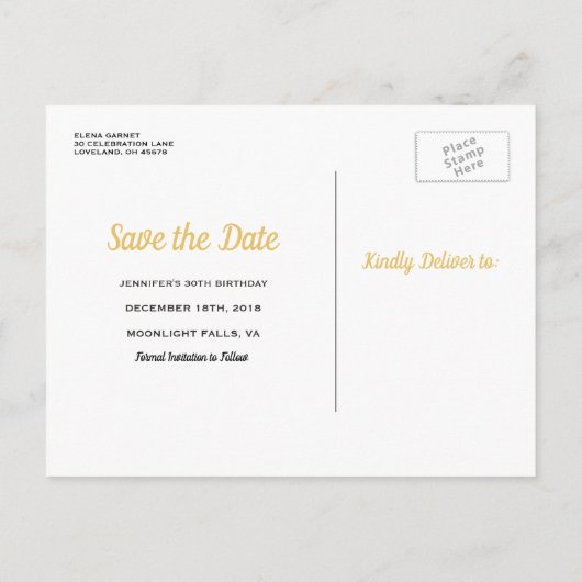 Elegant Gold Birthday Save the Date Ankündigungspostkarte (Rückseite)