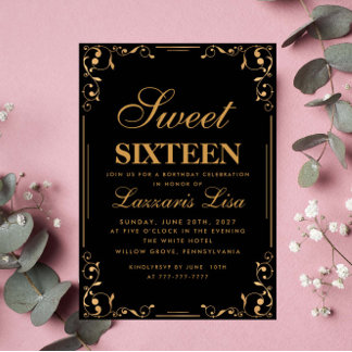 Elegant Gold Black 16 . Geburtstag 16 Geburtstag Einladung