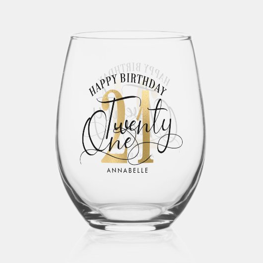 Elegant Gold & Black 21. Geburtstag Weinglas Ohne Stiel (Vorderseite)