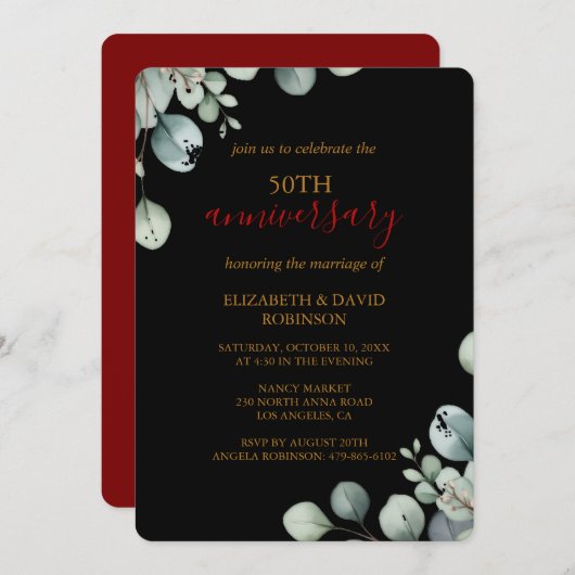 Elegant Gold Black 50. Hochzeitstag Einladung (Vorne/Hinten)
