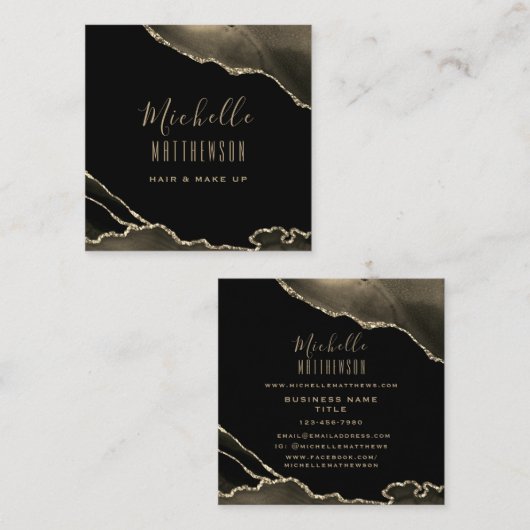 Elegant Gold Black Agate Marble Script Quadratische Visitenkarte (Vorne/Hinten)