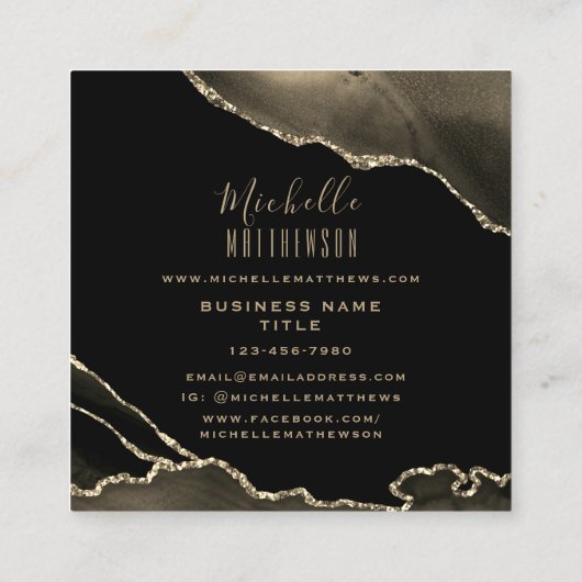Elegant Gold Black Agate Marble Script Quadratische Visitenkarte (Rückseite)