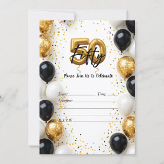 Elegant Gold & Black Balloon 50. Geburtstagsfeier Einladung