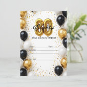 Elegant Gold & Black Balloon 80. Geburtstag Einlad Einladung (Stehend Vorderseite)