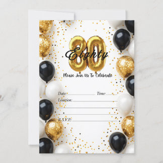 Elegant Gold & Black Balloon 80. Geburtstag Einlad Einladung