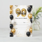 Elegant Gold & Black Balloon 90th Birthday Invitat Einladung (Stehend Vorderseite)