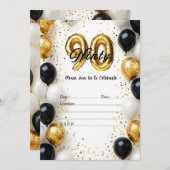 Elegant Gold & Black Balloon 90th Birthday Invitat Einladung (Vorne/Hinten)