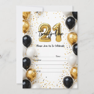 Elegant Gold & Black Balloon zum 21. Geburtstag ei Einladung