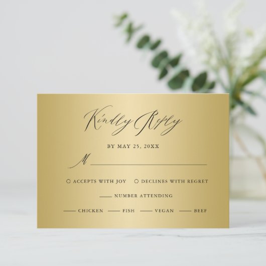 Elegant Gold Black Calligraphy Wedding RSVP Car (Stehend Vorderseite)