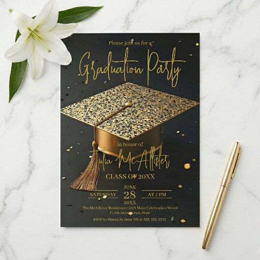 Elegant Gold Black Faux Glitter Cap Graduation Einladung
