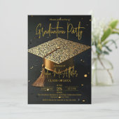 Elegant Gold Black Faux Glitter Cap Graduation Einladung (Stehend Vorderseite)