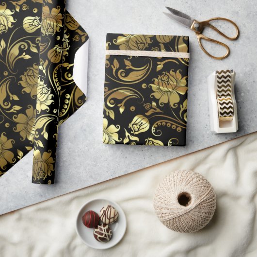 Elegant Gold & Black Floral Pattern Geschenkpapier (Kunsthandwerk)