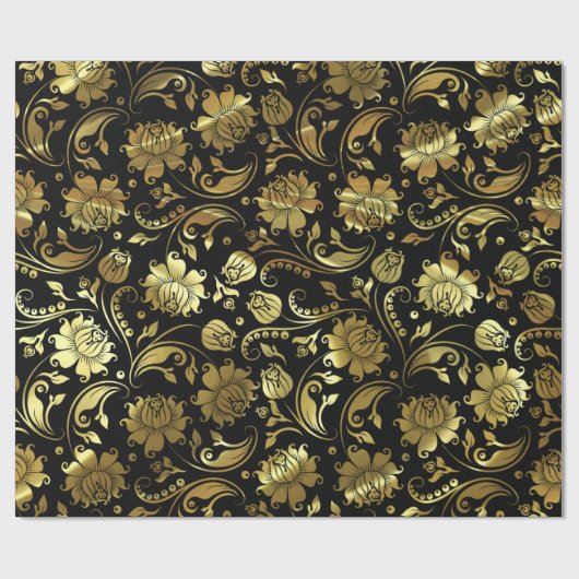Elegant Gold & Black Floral Pattern Geschenkpapier (Flach)