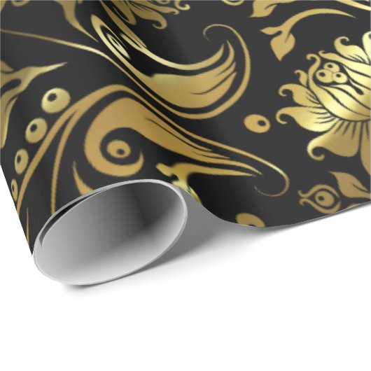 Elegant Gold & Black Floral Pattern Geschenkpapier (Rolleneckpunkt)