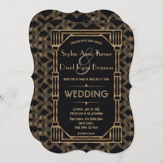 Elegant Gold Black Great Gatsby 1920er Hochzeit Einladung (Vorne/Hinten)