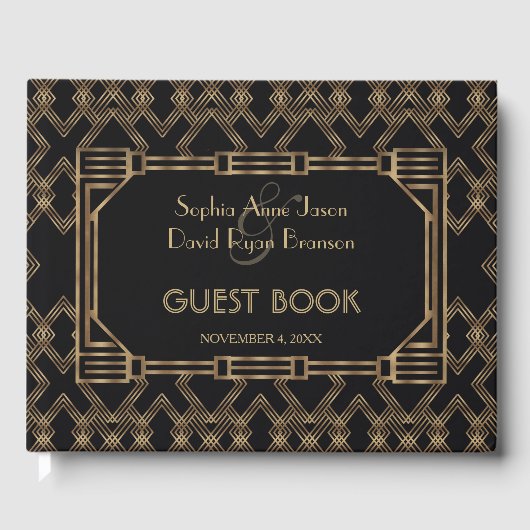 Elegant Gold Black Great Gatsby 1920er Hochzeit Gästebuch (Vorderseite)