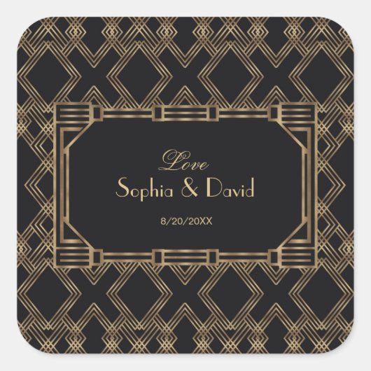 Elegant Gold Black Great Gatsby 1920er Hochzeit Quadratischer Aufkleber (Vorderseite)
