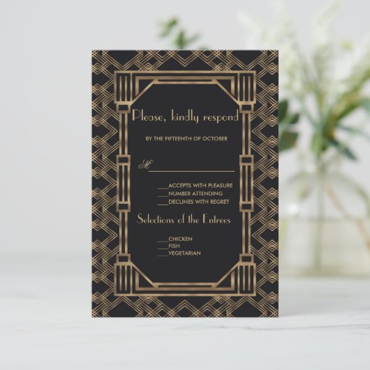 Elegant Gold Black Great Gatsby 1920s Wedding RSVP (Stehend Vorderseite)