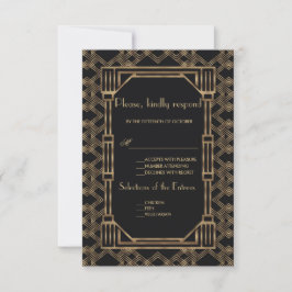 Elegant Gold Black Great Gatsby 1920s Wedding RSVP Karte