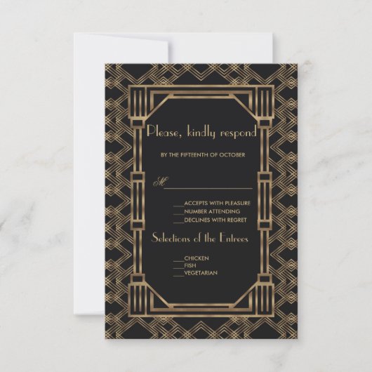 Elegant Gold Black Great Gatsby 1920s Wedding RSVP Karte (Vorderseite)