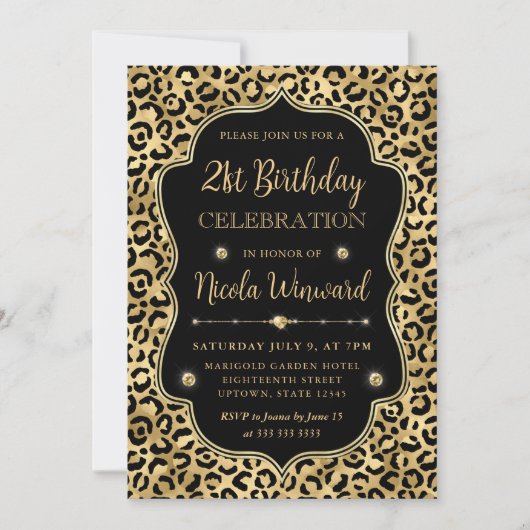 Elegant Gold & Black Leopard Print Birthday Party Einladung (Vorderseite)