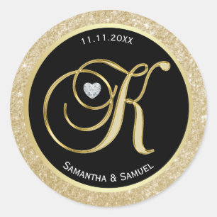 Elegant Gold Black Monogram Letter 'K' Wedding Runder Aufkleber