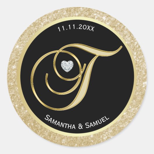 Elegant Gold Black Monogram Letter 'T' Wedding Runder Aufkleber (Vorderseite)