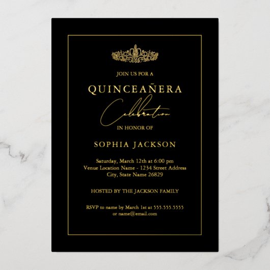 Elegant Gold Black Quinceanera 15. Folieneinladung (Vorderseite)
