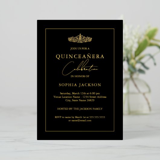 Elegant Gold Black Quinceanera 15. Folieneinladung (Stehend vorne)
