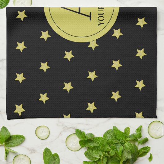 Elegant Gold & Black Star Pattern Monogram Geschirrtuch (Gefaltet)