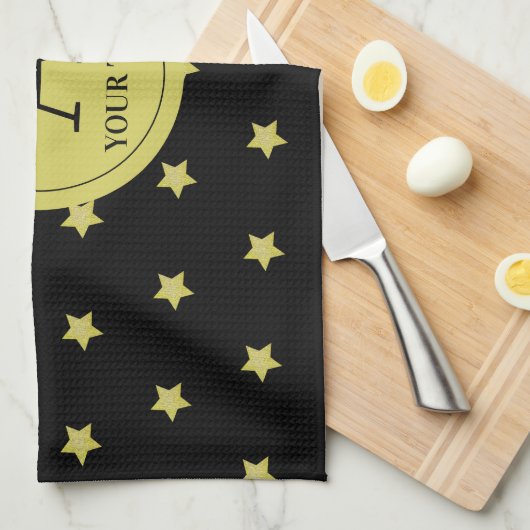 Elegant Gold & Black Star Pattern Monogram Geschirrtuch (Viertel Falte)