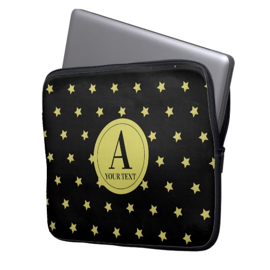 Elegant Gold & Black Star Pattern Monogram Laptopschutzhülle (Vorderseite Links)