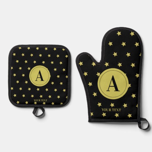 Elegant Gold & Black Star Pattern Monogram Ofenhandschuh & Topflappen-Set (Vorderseite)