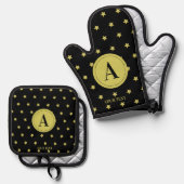 Elegant Gold & Black Star Pattern Monogram Ofenhandschuh & Topflappen-Set (Vorderseite/Rückseite)