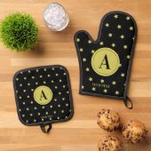 Elegant Gold & Black Star Pattern Monogram Ofenhandschuh & Topflappen-Set (Oben Unten)