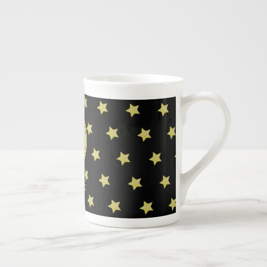 Elegant Gold & Black Star Pattern Monogram Porzellantasse (Rechts)