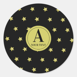 Elegant Gold & Black Star Pattern Monogram Runder Aufkleber