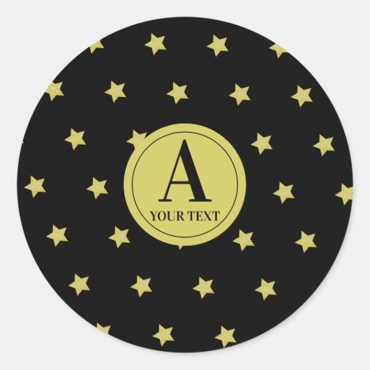 Elegant Gold & Black Star Pattern Monogram Runder Aufkleber (Vorderseite)