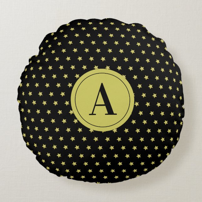 Elegant Gold & Black Star Pattern Monogram Rundes Kissen (Vorderseite)
