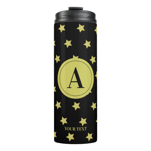 Elegant Gold & Black Star Pattern Monogram Thermosbecher (Vorderseite)