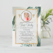 Elegant Gold Blätter Foto Erste Kommune Einladung (Stehend Vorderseite)