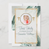 Elegant Gold Blätter Foto Erste Kommune Einladung (Rückseite)