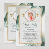 Elegant Gold Blätter Foto Erste Kommune Einladung (Vorne/Hinten)