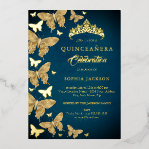Elegant Gold Blue Butterfly Quinceanera Folieneinladung