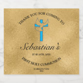 Elegant Gold Blue Cross Dove 1. Kommunion Schaumweinetikett (Einzelnes Label)