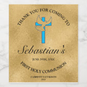 Elegant Gold Blue Cross Dove 1. Kommunion Weinetikett (Einzelnes Label)